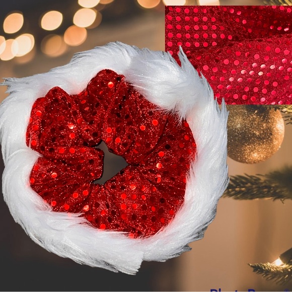 Santa Fur Sequence Scrunchie, Hair Accessory |Handmade Gift, Hair Tie, Stocking - Picture 3 of 13